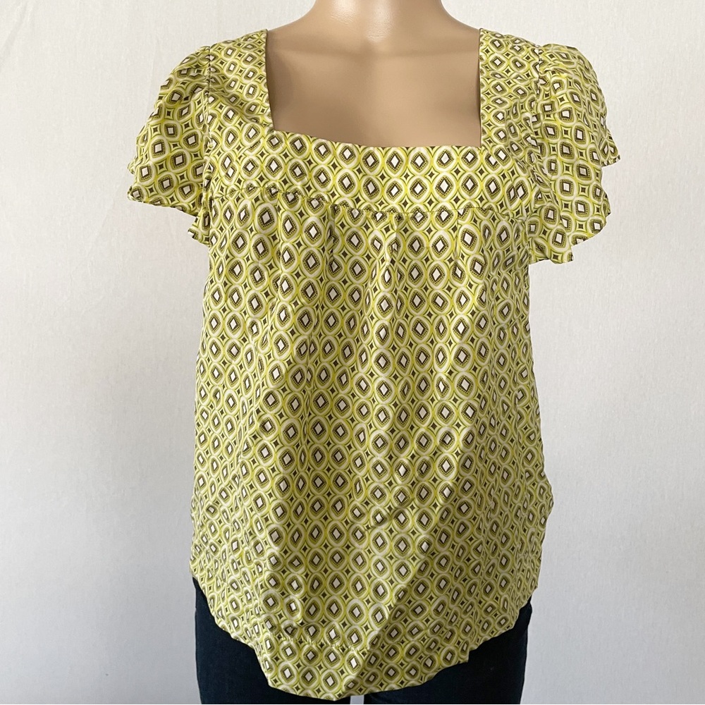 Banana Republic Size Small Petite Blouse Green Square Neck Geometric Silk Top